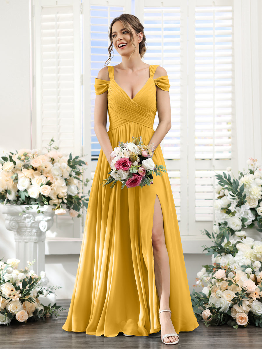 A-Line V-Neck Split Side Ruched Floor-Length Chiffon Bridesmaid Dresses Mustard Yellow