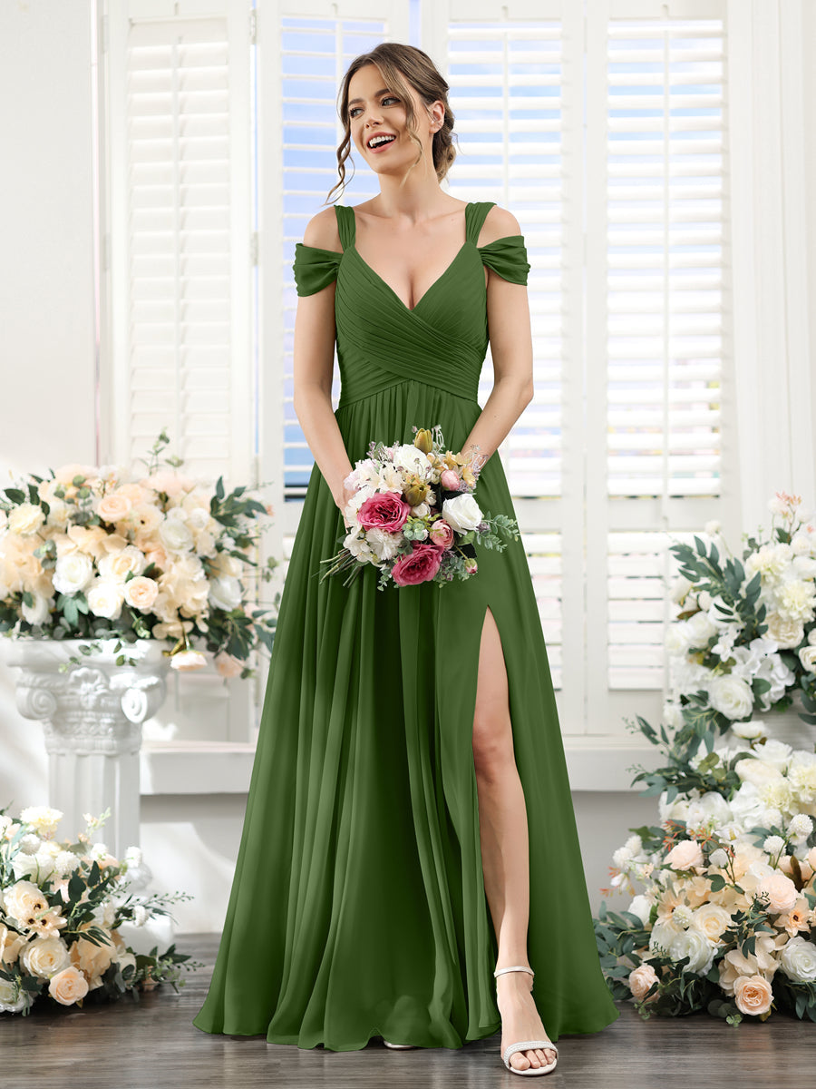 A-Line V-Neck Split Side Ruched Floor-Length Chiffon Bridesmaid Dresses Olive Green