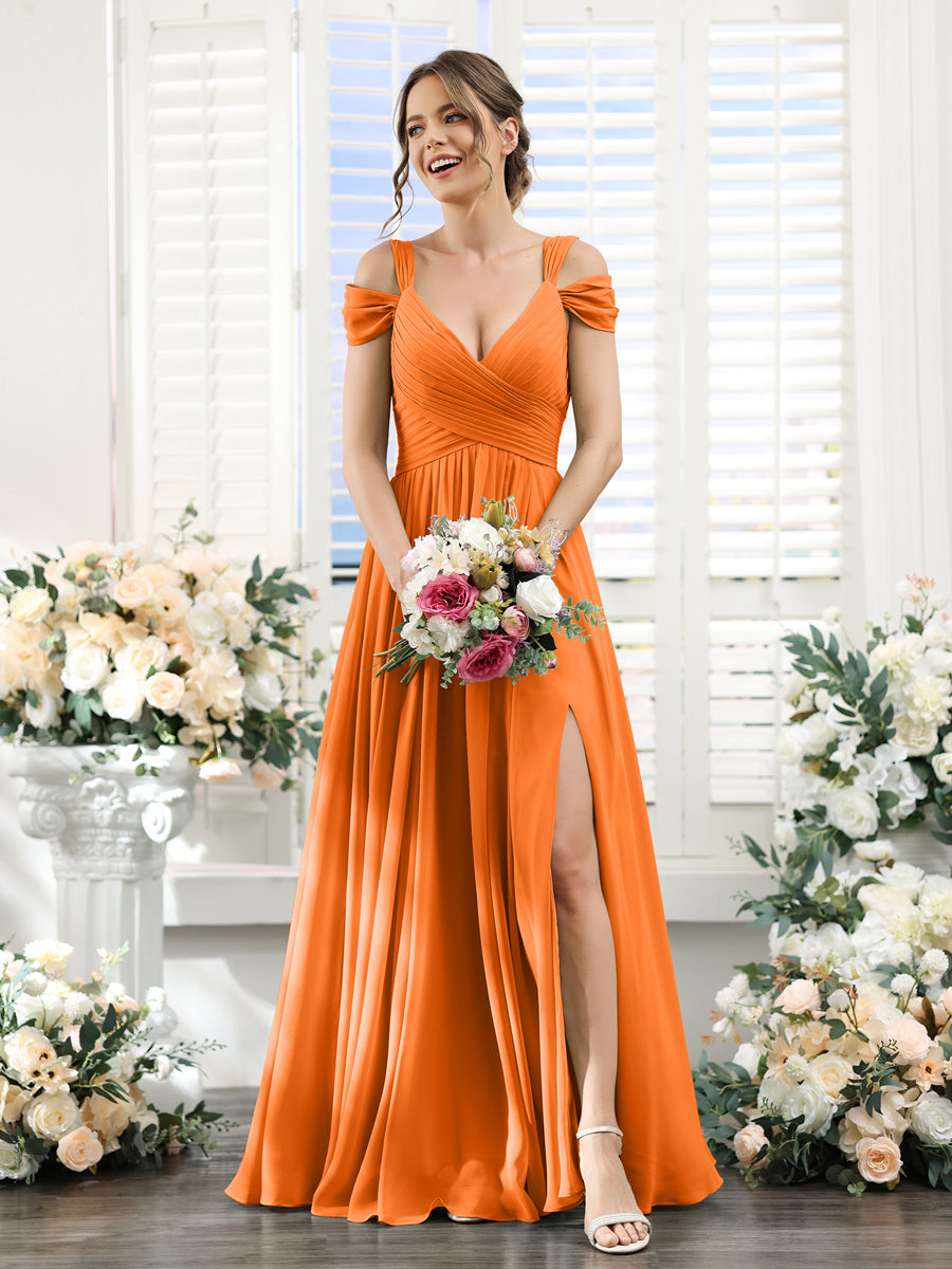 A-Line V-Neck Split Side Ruched Floor-Length Chiffon Bridesmaid Dresses Orange