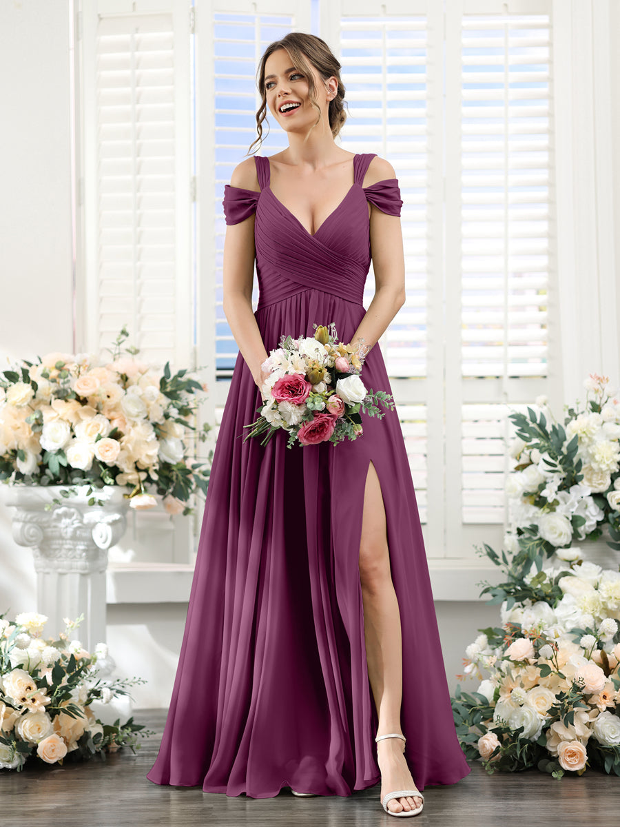 A-Line V-Neck Split Side Ruched Floor-Length Chiffon Bridesmaid Dresses Orchid