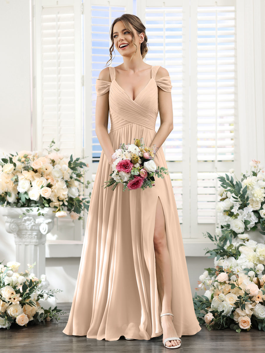 A-Line V-Neck Split Side Ruched Floor-Length Chiffon Bridesmaid Dresses Peach Pink