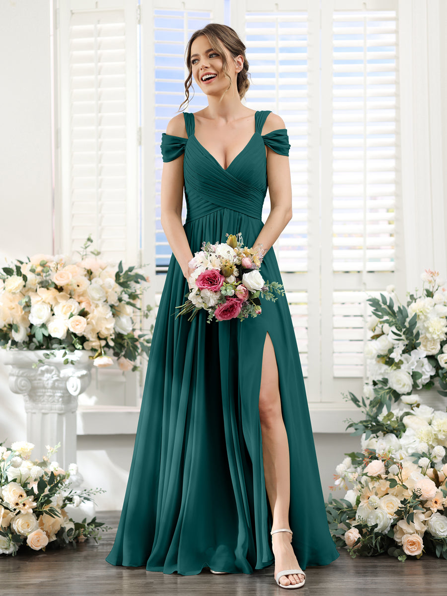 A-Line V-Neck Split Side Ruched Floor-Length Chiffon Bridesmaid Dresses Peacock