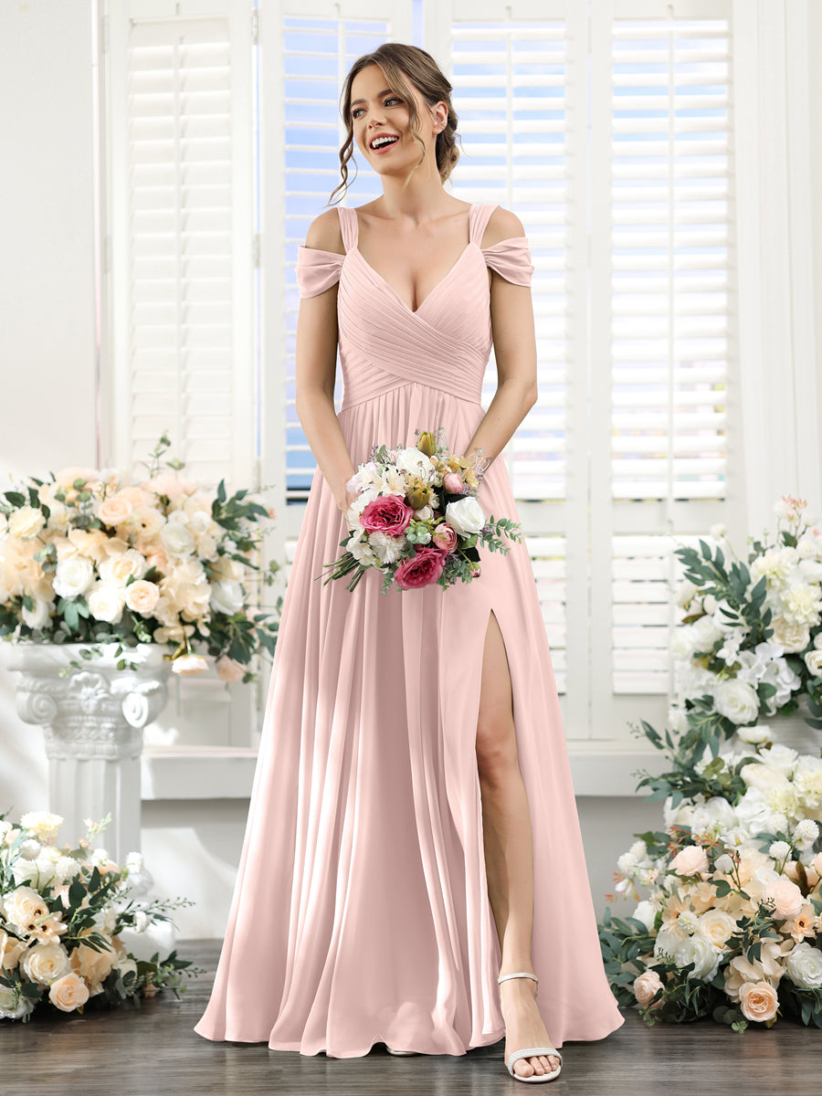 A-Line V-Neck Split Side Ruched Floor-Length Chiffon Bridesmaid Dresses Pearl Pink