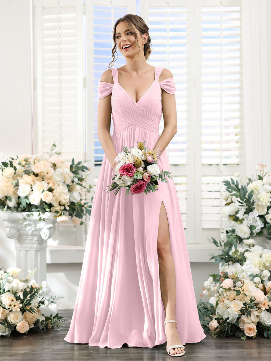 A-Line V-Neck Split Side Ruched Floor-Length Chiffon Bridesmaid Dresses Pink