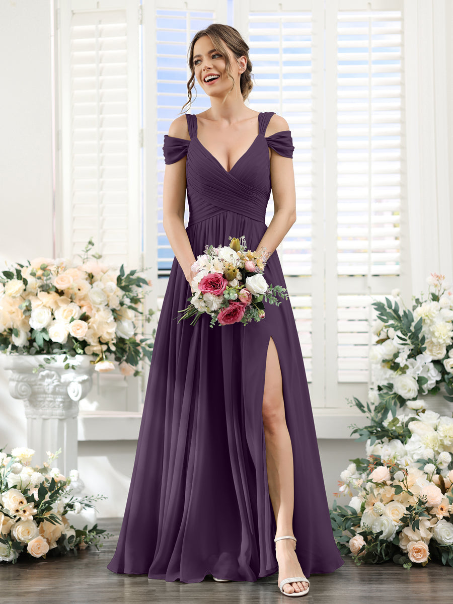 A-Line V-Neck Split Side Ruched Floor-Length Chiffon Bridesmaid Dresses Plum