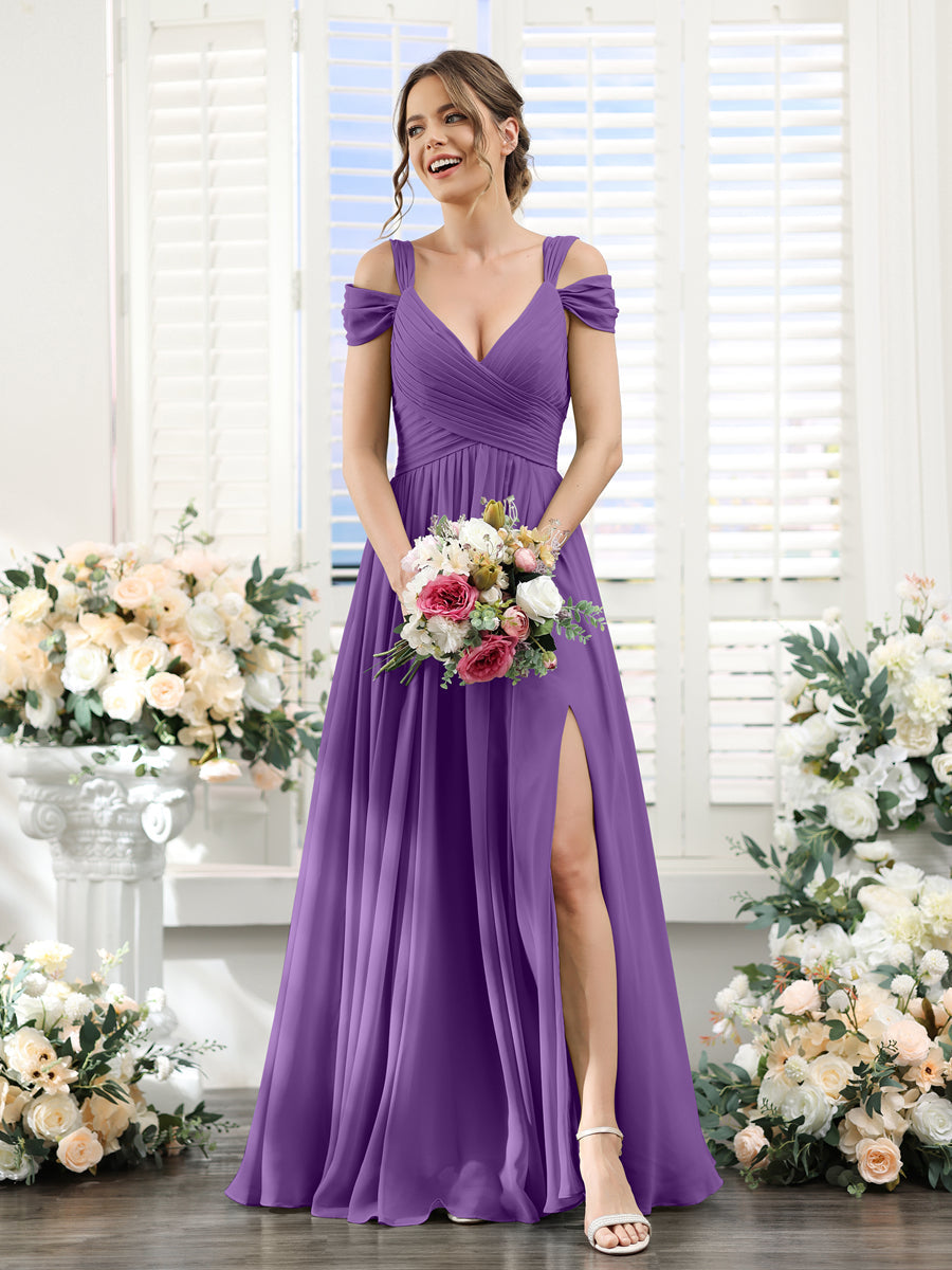 A-Line V-Neck Split Side Ruched Floor-Length Chiffon Bridesmaid Dresses Purple