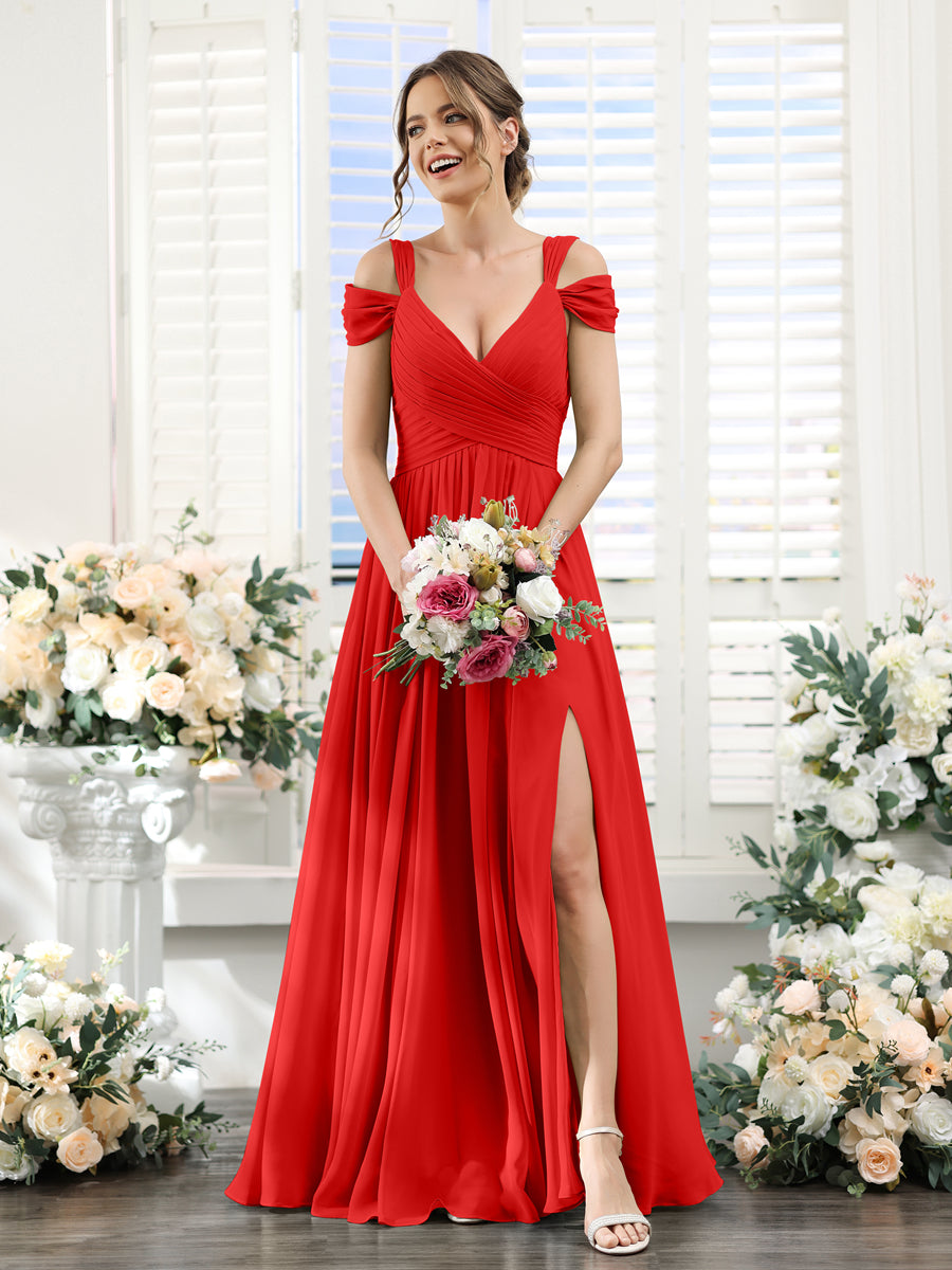 A-Line V-Neck Split Side Ruched Floor-Length Chiffon Bridesmaid Dresses Red