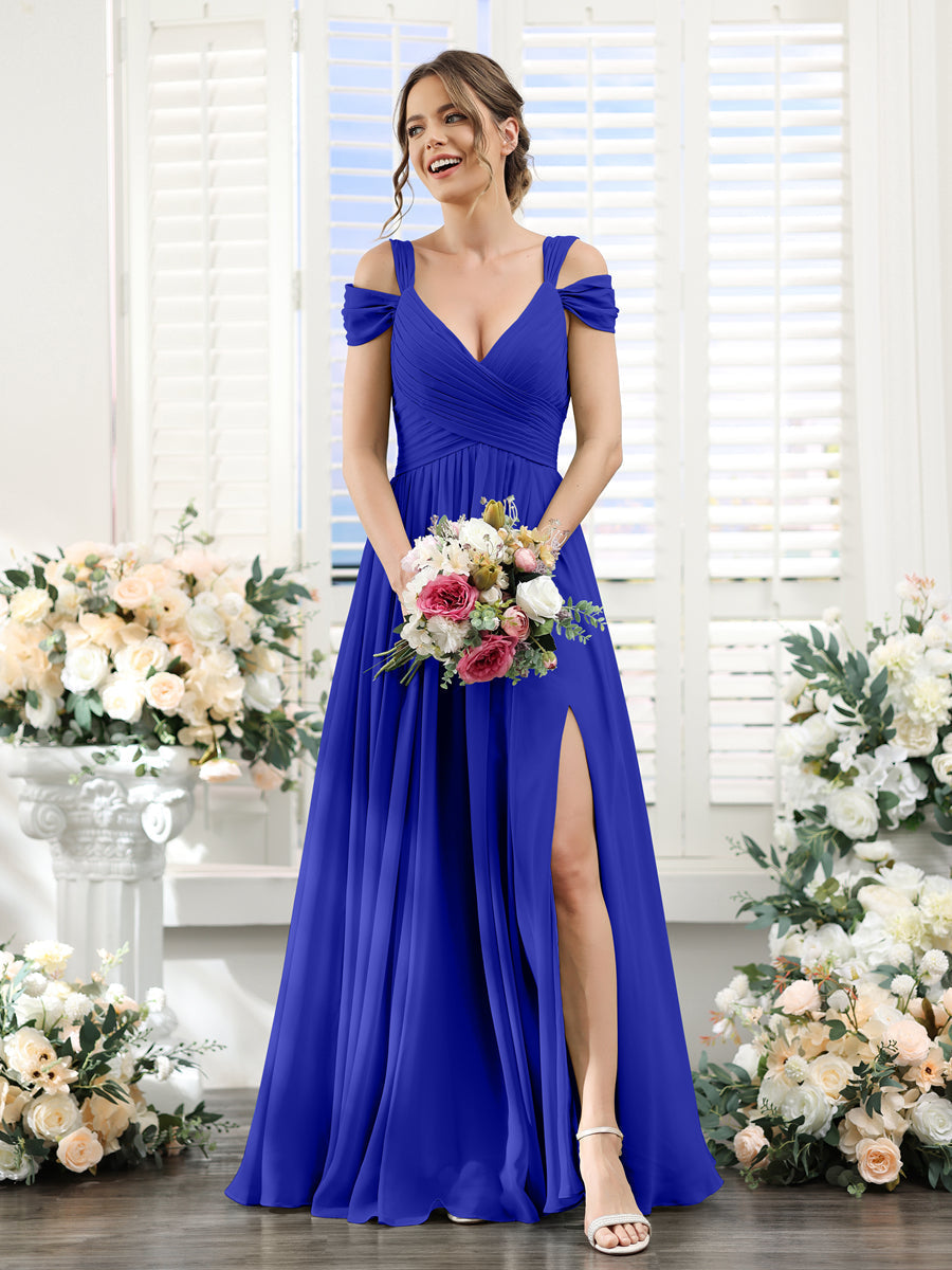 A-Line V-Neck Split Side Ruched Floor-Length Chiffon Bridesmaid Dresses Royal Blue