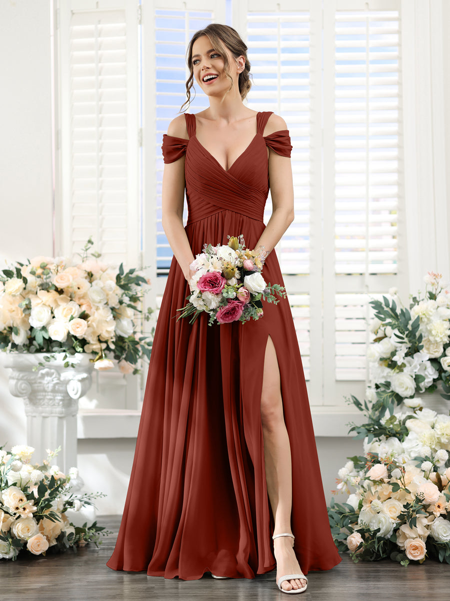 A-Line V-Neck Split Side Ruched Floor-Length Chiffon Bridesmaid Dresses Rust
