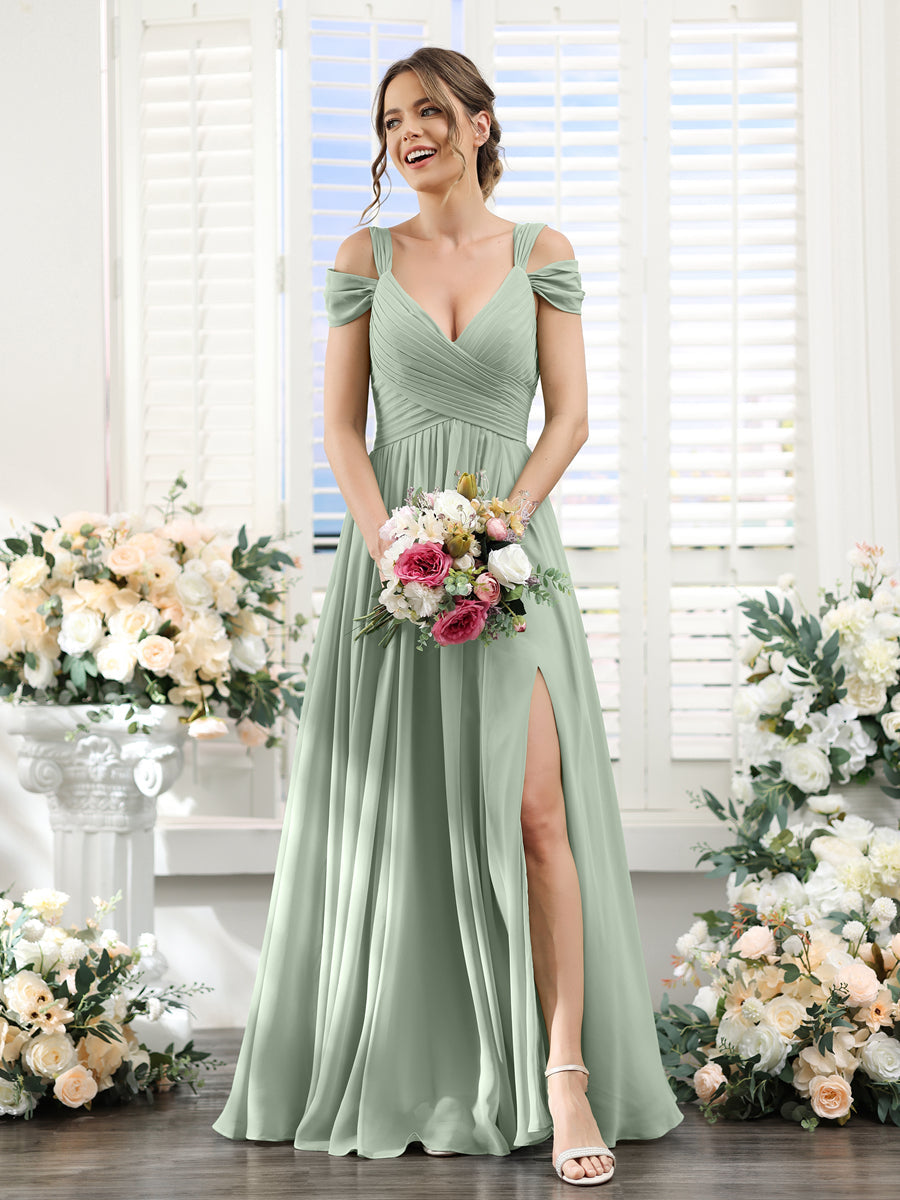 A-Line V-Neck Split Side Ruched Floor-Length Chiffon Bridesmaid Dresses Sage