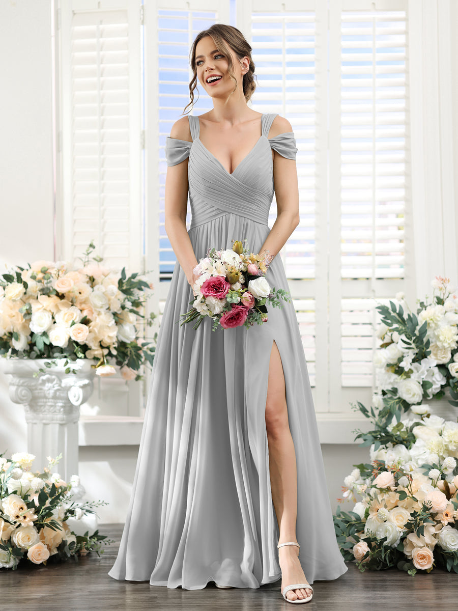 A-Line V-Neck Split Side Ruched Floor-Length Chiffon Bridesmaid Dresses Silver