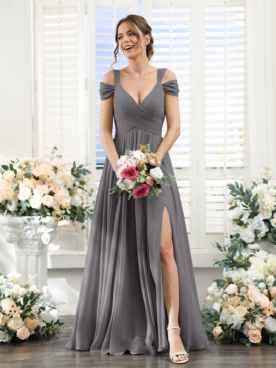 A-Line V-Neck Split Side Ruched Floor-Length Chiffon Bridesmaid Dresses Silver Gray