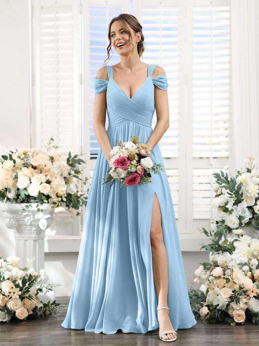 A-Line V-Neck Split Side Ruched Floor-Length Chiffon Bridesmaid Dresses Sky Blue