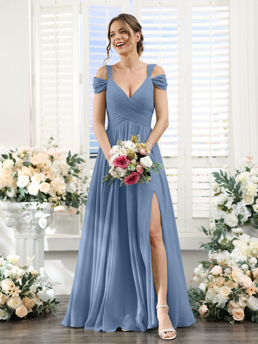 A-Line V-Neck Split Side Ruched Floor-Length Chiffon Bridesmaid Dresses Steel Blue