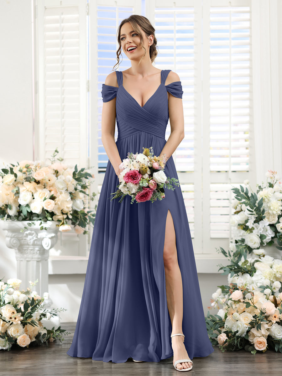 A-Line V-Neck Split Side Ruched Floor-Length Chiffon Bridesmaid Dresses Stormy Blue