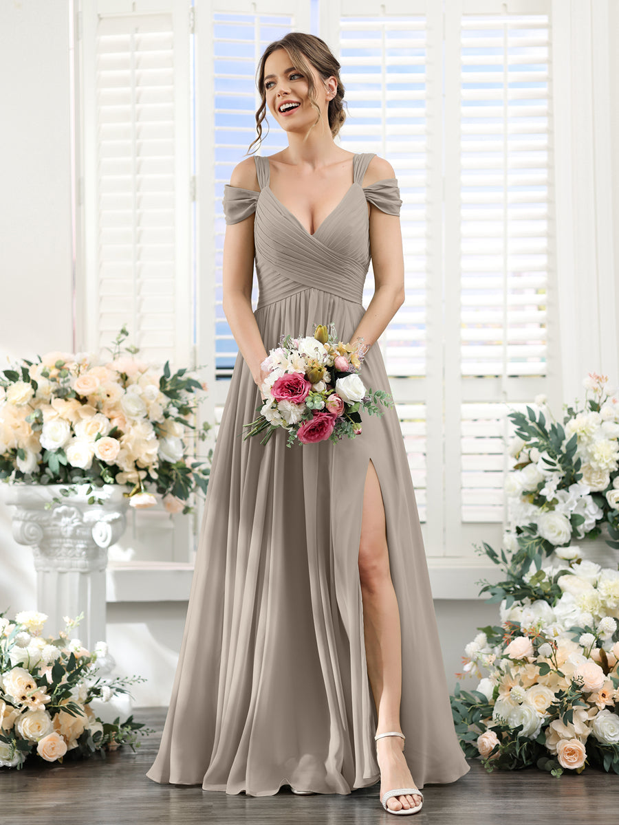 A-Line V-Neck Split Side Ruched Floor-Length Chiffon Bridesmaid Dresses Taupe