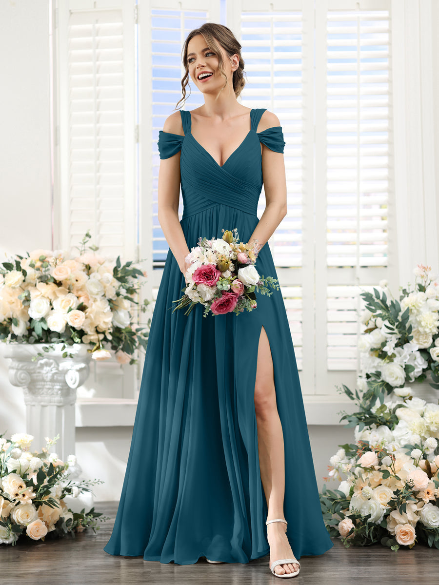 A-Line V-Neck Split Side Ruched Floor-Length Chiffon Bridesmaid Dresses Teal