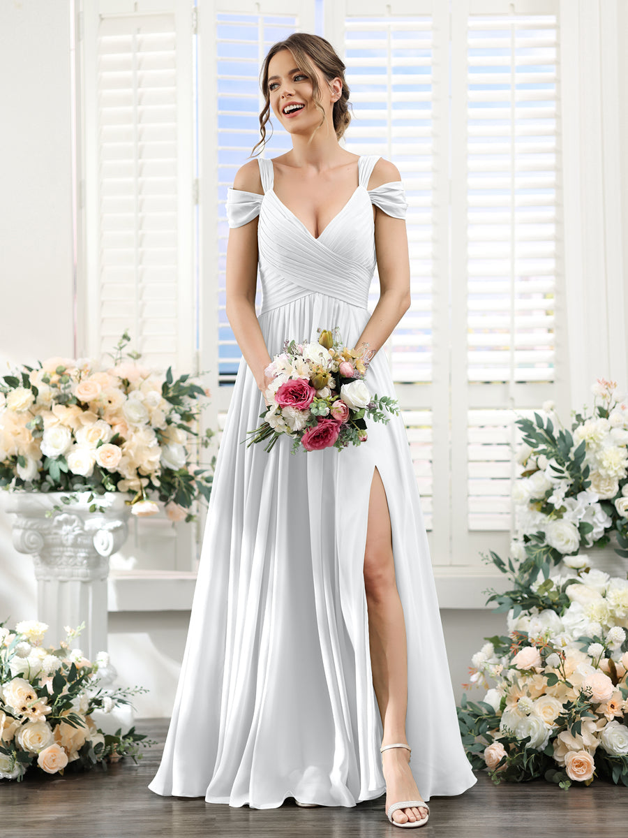 A-Line V-Neck Split Side Ruched Floor-Length Chiffon Bridesmaid Dresses White