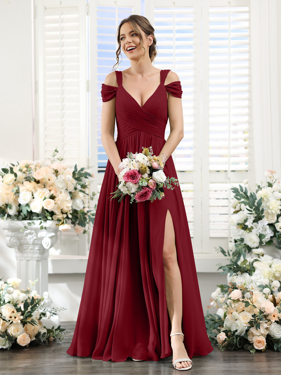 A-Line V-Neck Split Side Ruched Floor-Length Chiffon Bridesmaid Dresses Wine Red