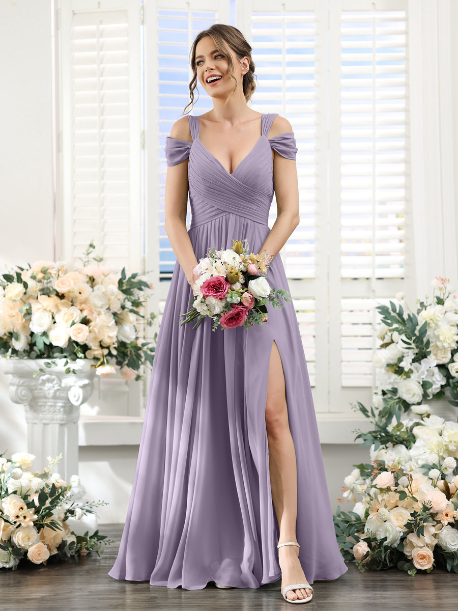 A-Line V-Neck Split Side Ruched Floor-Length Chiffon Bridesmaid Dresses Wisteria