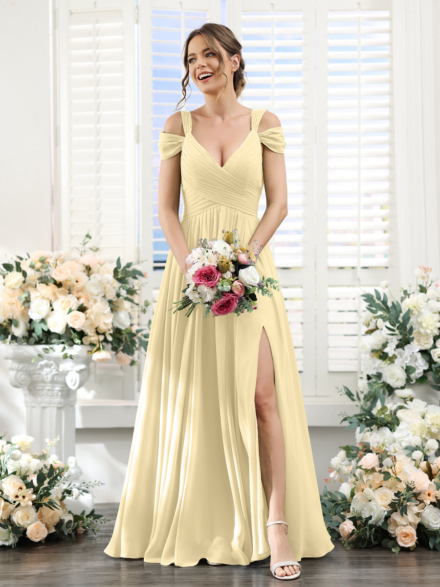 A-Line V-Neck Split Side Ruched Floor-Length Chiffon Bridesmaid Dresses Yellow