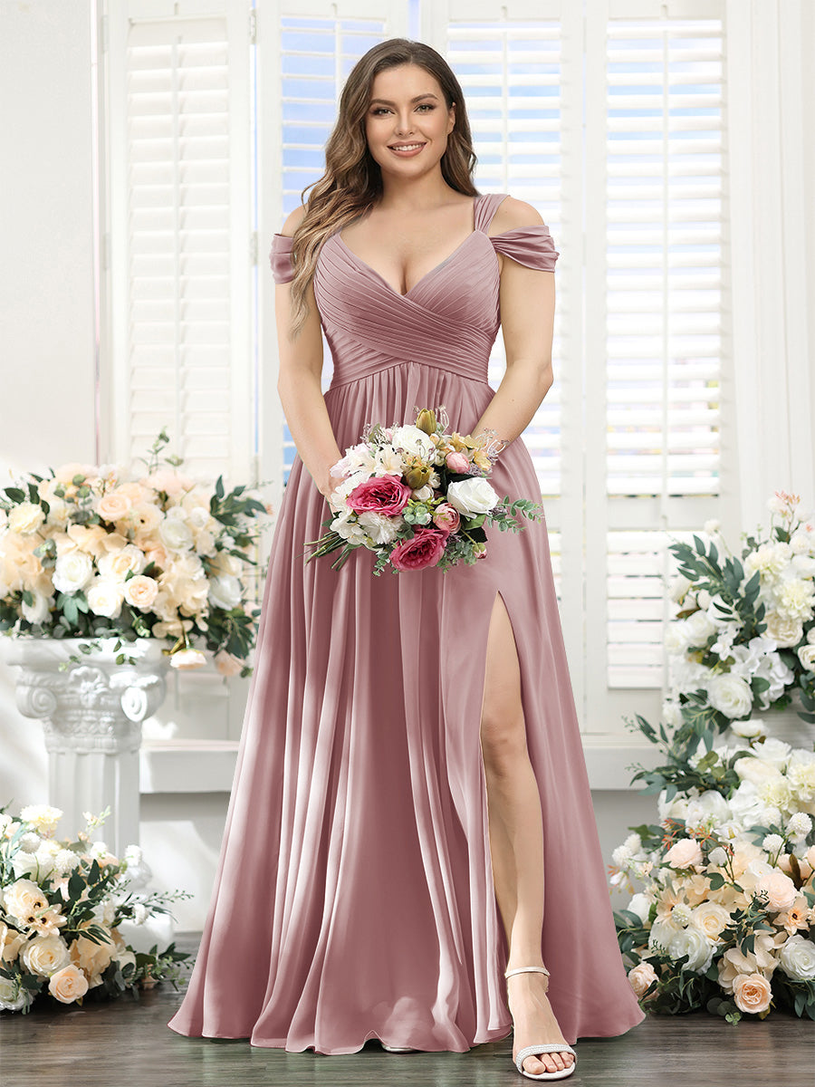 A-Line V-Neck Split Side Ruched Floor-Length Chiffon Plus Size Bridesmaid Dresses Dusty Pink