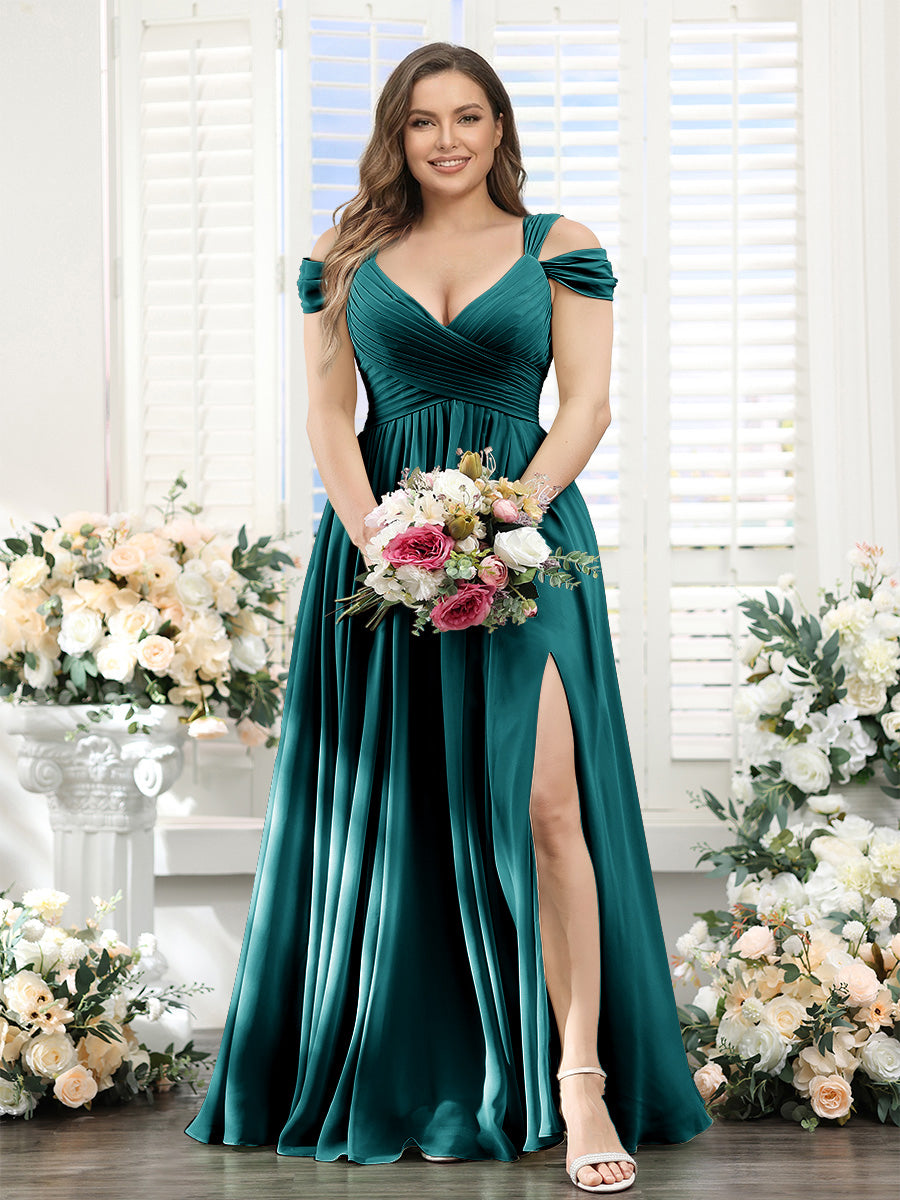 A-Line V-Neck Split Side Ruched Floor-Length Chiffon Plus Size Bridesmaid Dresses Peacock