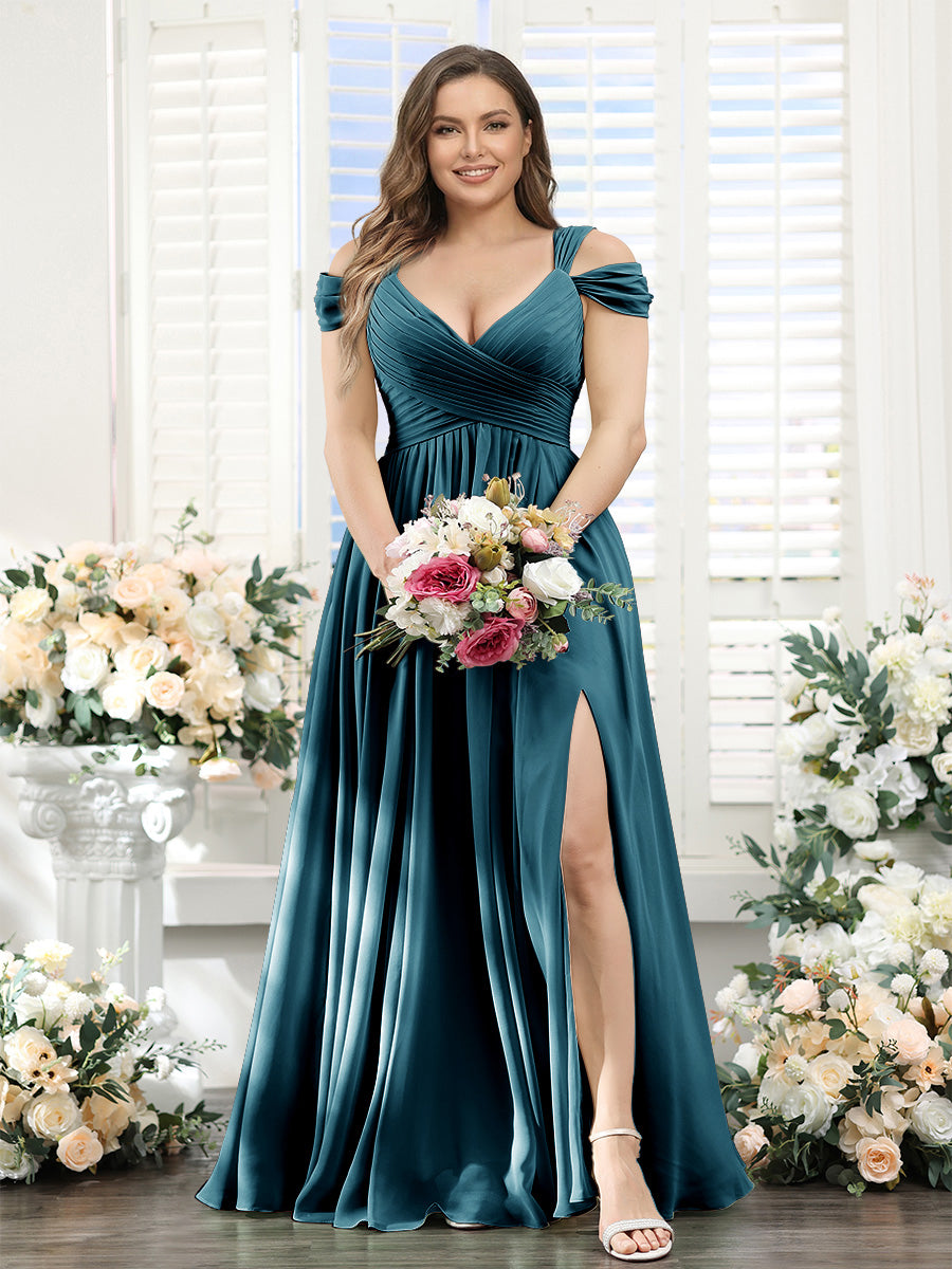 A-Line V-Neck Split Side Ruched Floor-Length Chiffon Plus Size Bridesmaid Dresses Teal