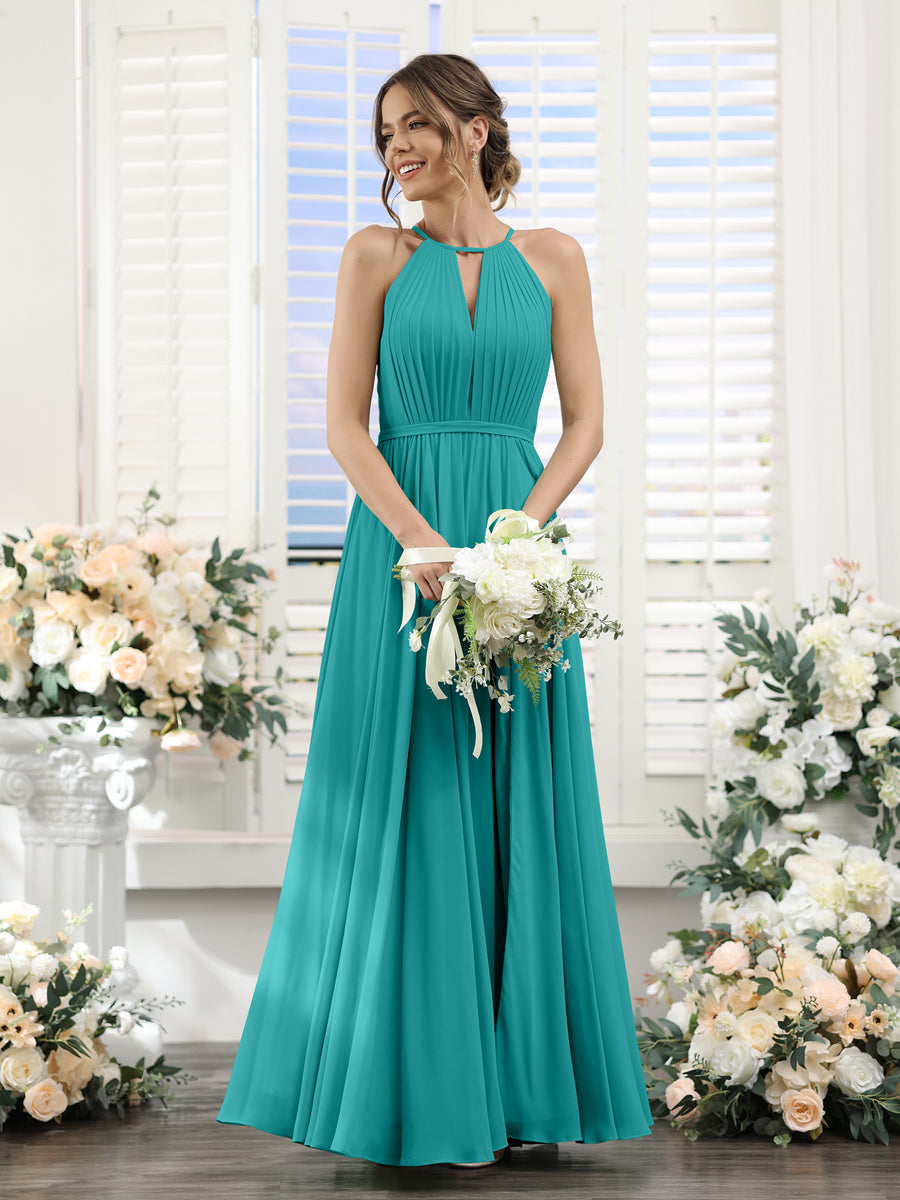 A-Line Halter Sleeveless Split Side Ruched Floor-Length Chiffon Bridesmaid Dresses Aqua Blue