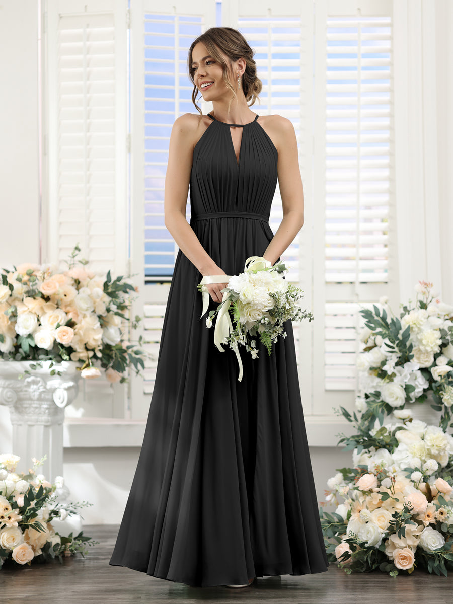 A-Line Halter Sleeveless Split Side Ruched Floor-Length Chiffon Bridesmaid Dresses Black