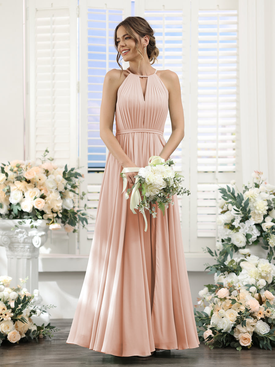 A-Line Halter Sleeveless Split Side Ruched Floor-Length Chiffon Bridesmaid Dresses Blush Pink