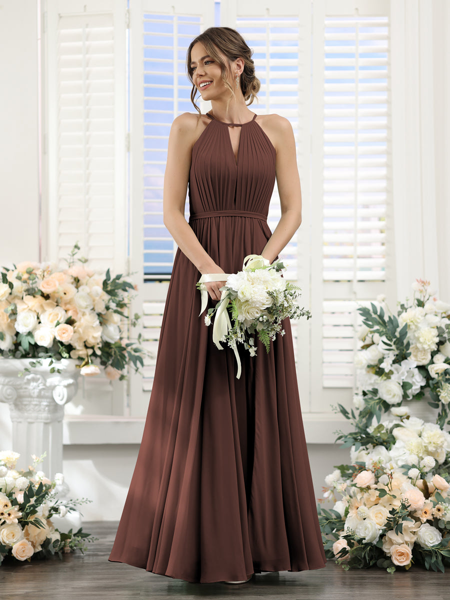 A-Line Halter Sleeveless Split Side Ruched Floor-Length Chiffon Bridesmaid Dresses Brown