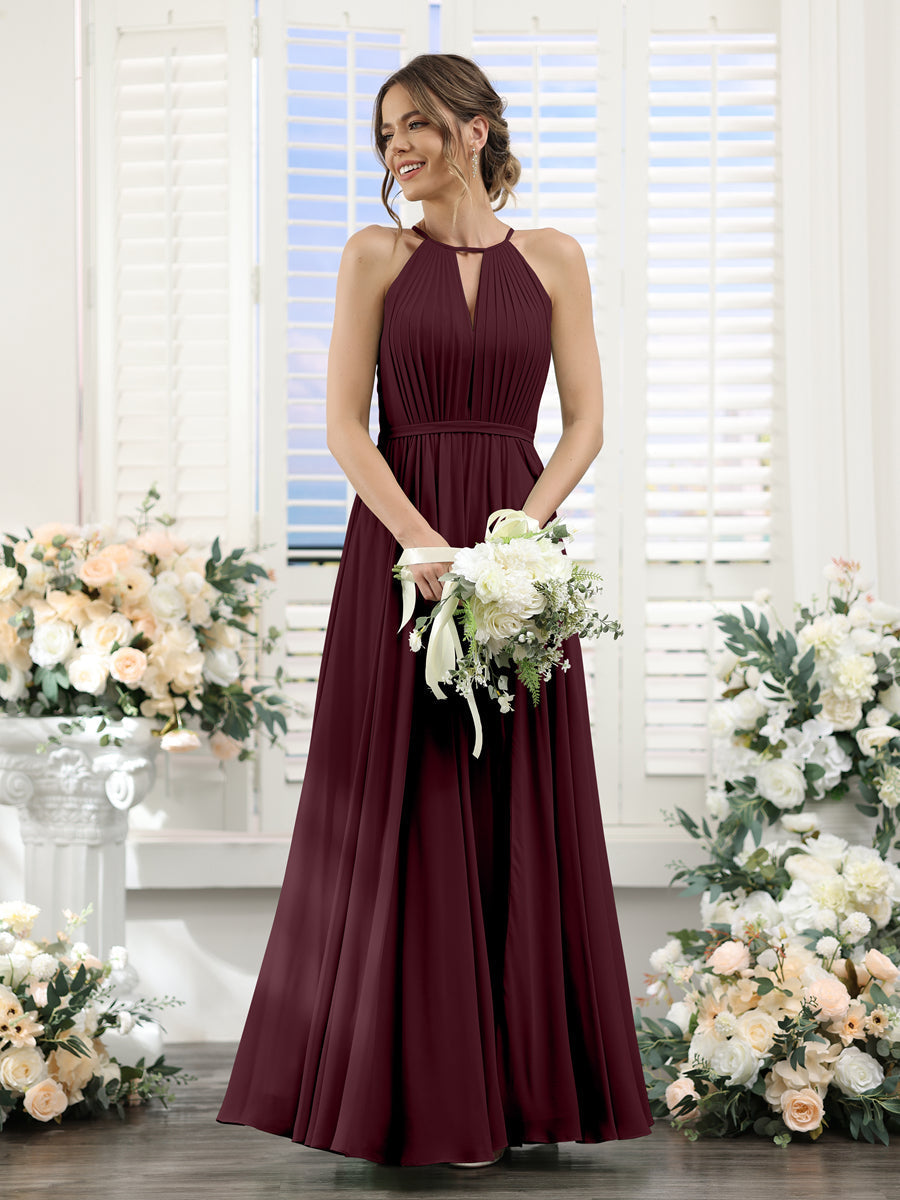 A-Line Halter Sleeveless Split Side Ruched Floor-Length Chiffon Bridesmaid Dresses Burgundy