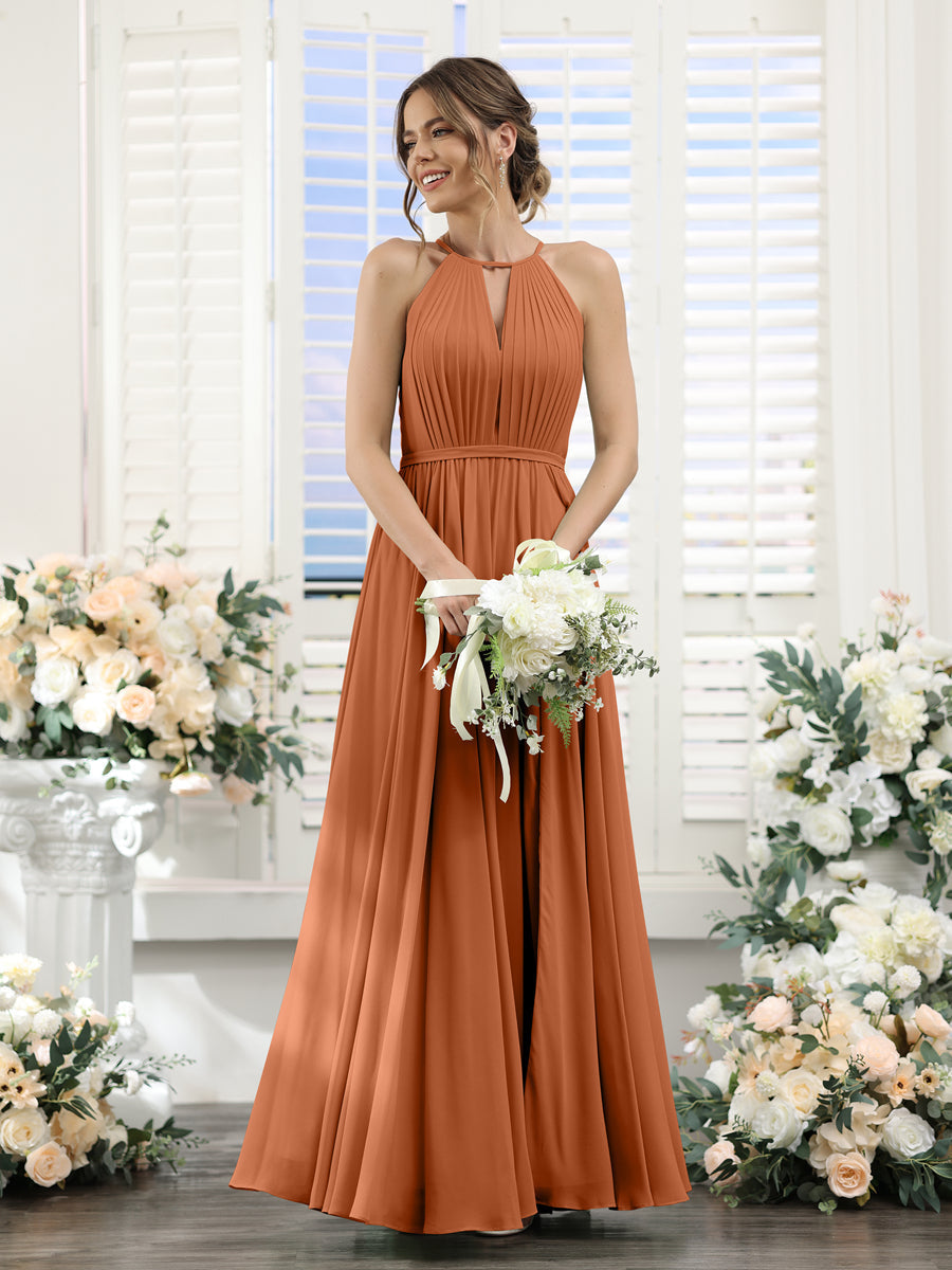 A-Line Halter Sleeveless Split Side Ruched Floor-Length Chiffon Bridesmaid Dresses Burnt Orange