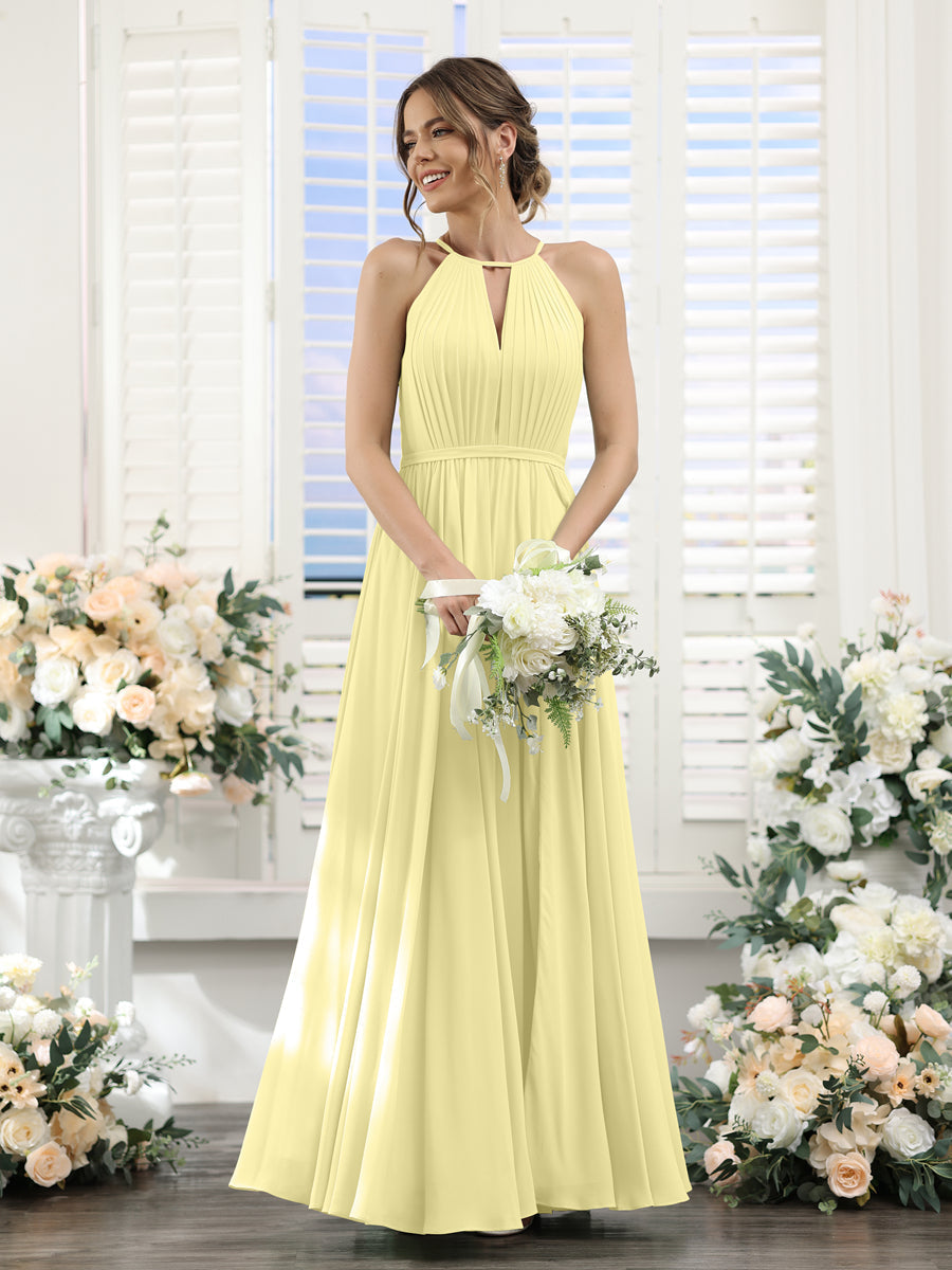 A-Line Halter Sleeveless Split Side Ruched Floor-Length Chiffon Bridesmaid Dresses Canary