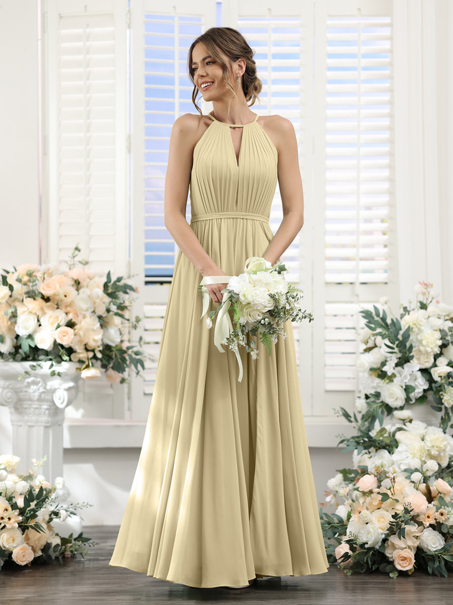 A-Line Halter Sleeveless Split Side Ruched Floor-Length Chiffon Bridesmaid Dresses Champagne