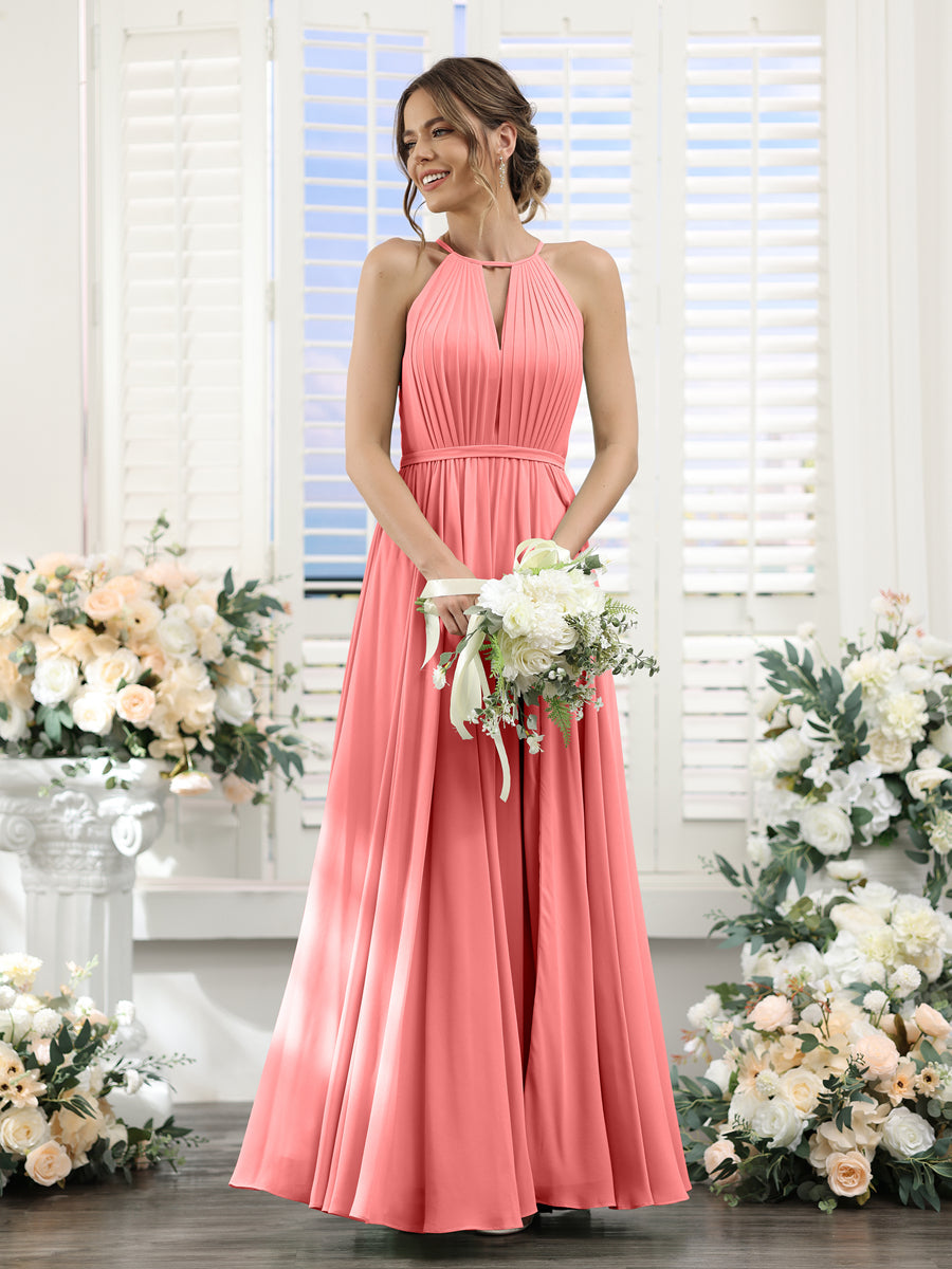 A-Line Halter Sleeveless Split Side Ruched Floor-Length Chiffon Bridesmaid Dresses Coral