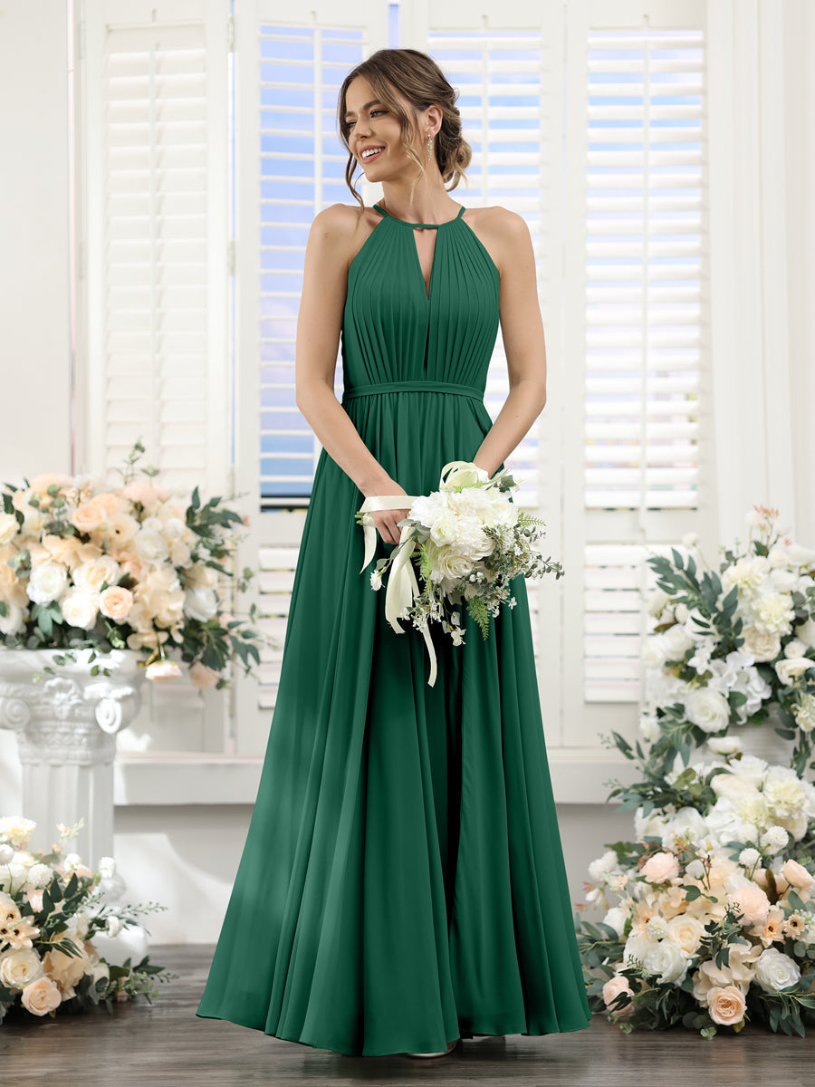 A-Line Halter Sleeveless Split Side Ruched Floor-Length Chiffon Bridesmaid Dresses Dark Green