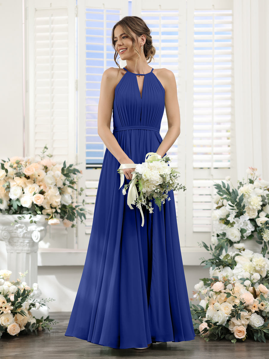 A-Line Halter Sleeveless Split Side Ruched Floor-Length Chiffon Bridesmaid Dresses Dark Royal Blue