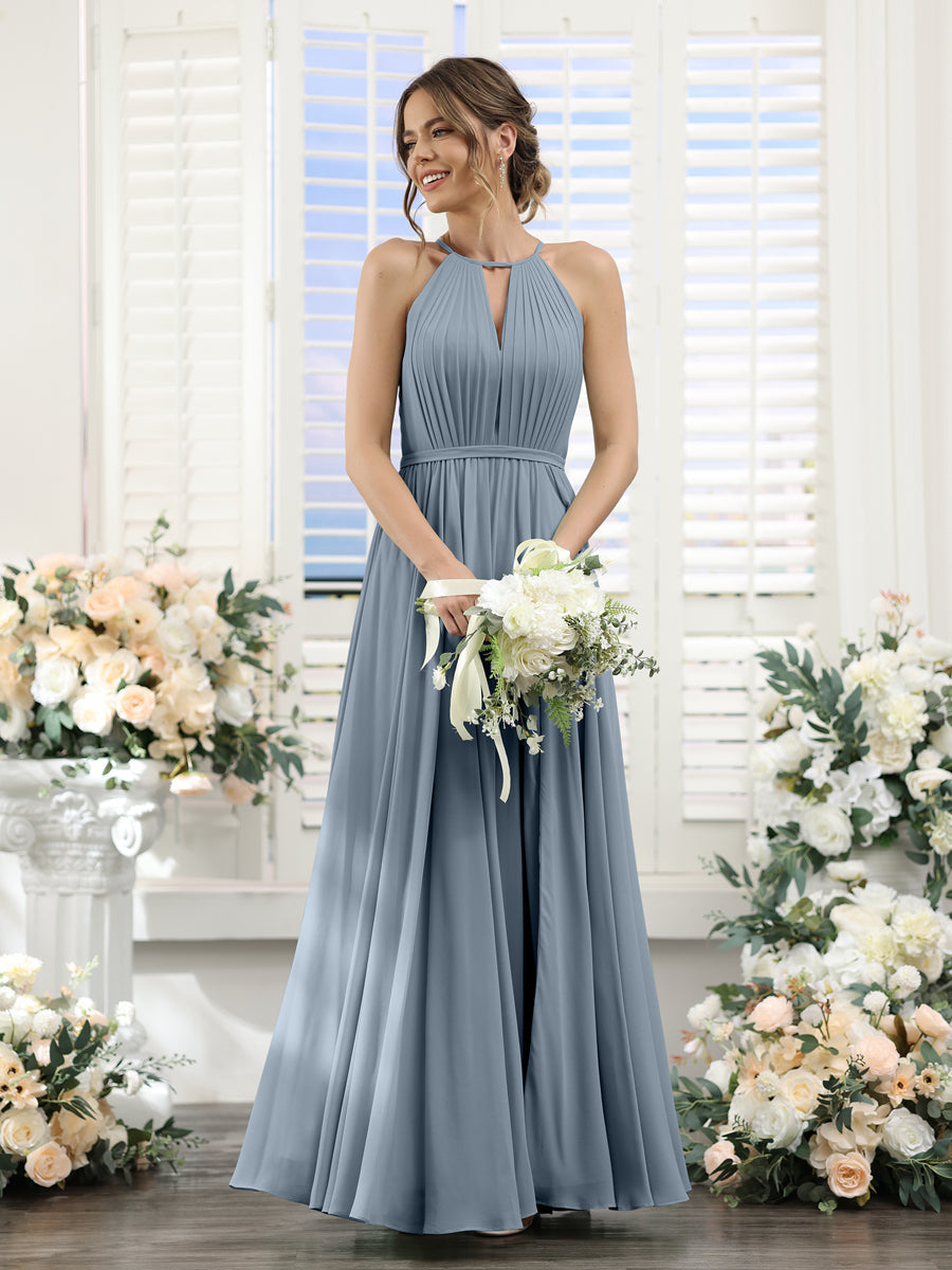 A-Line Halter Sleeveless Split Side Ruched Floor-Length Chiffon Bridesmaid Dresses Dusty Blue