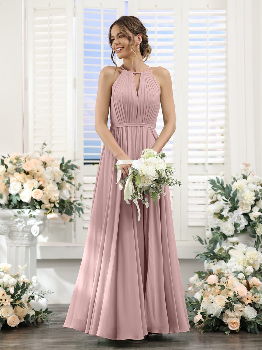 A-Line Halter Sleeveless Split Side Ruched Floor-Length Chiffon Bridesmaid Dresses Dusty Pink