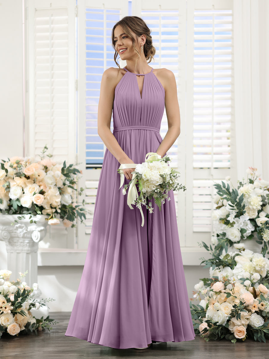 A-Line Halter Sleeveless Split Side Ruched Floor-Length Chiffon Bridesmaid Dresses Dusty Purple
