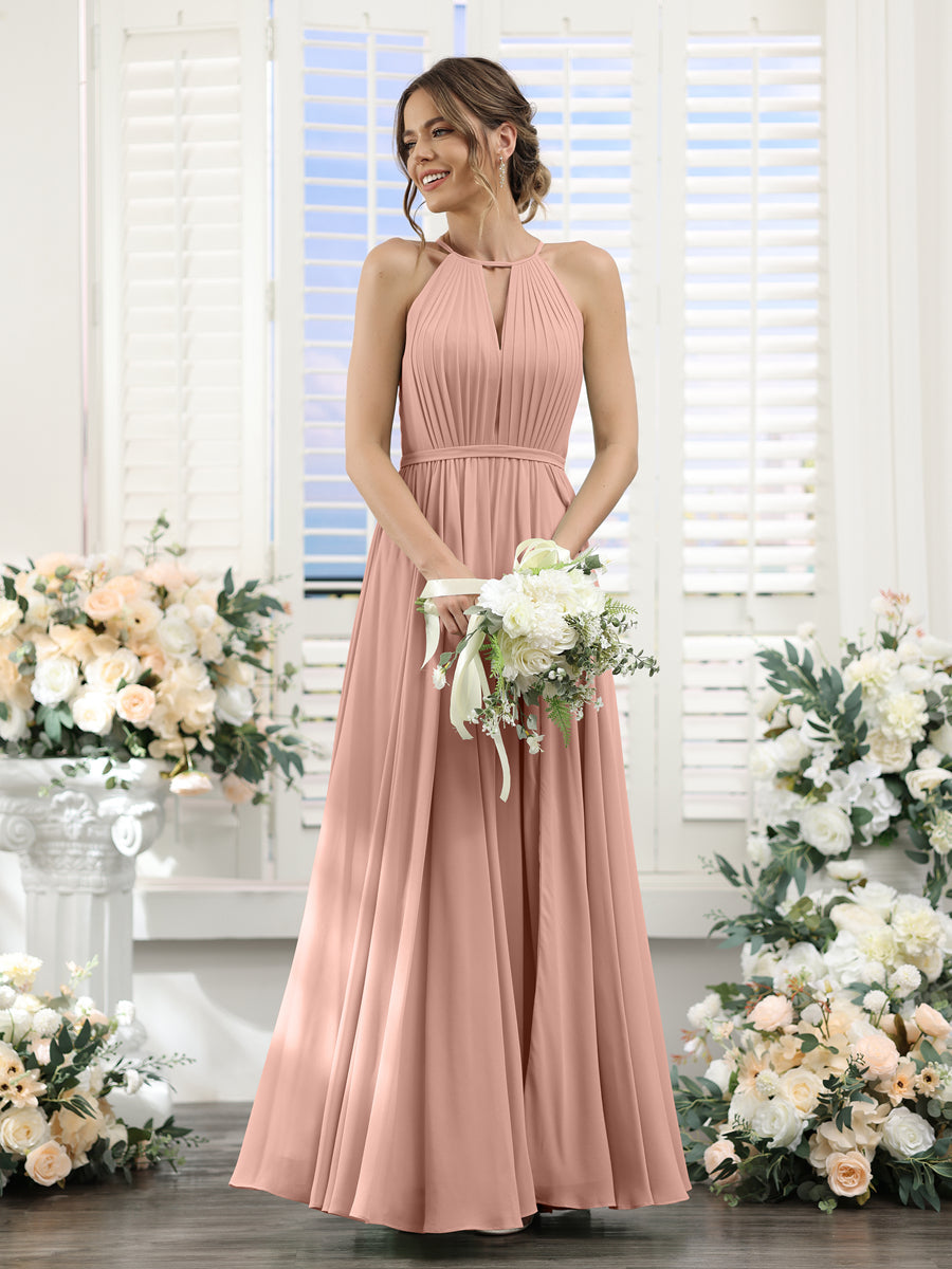 A-Line Halter Sleeveless Split Side Ruched Floor-Length Chiffon Bridesmaid Dresses Dusty Rose
