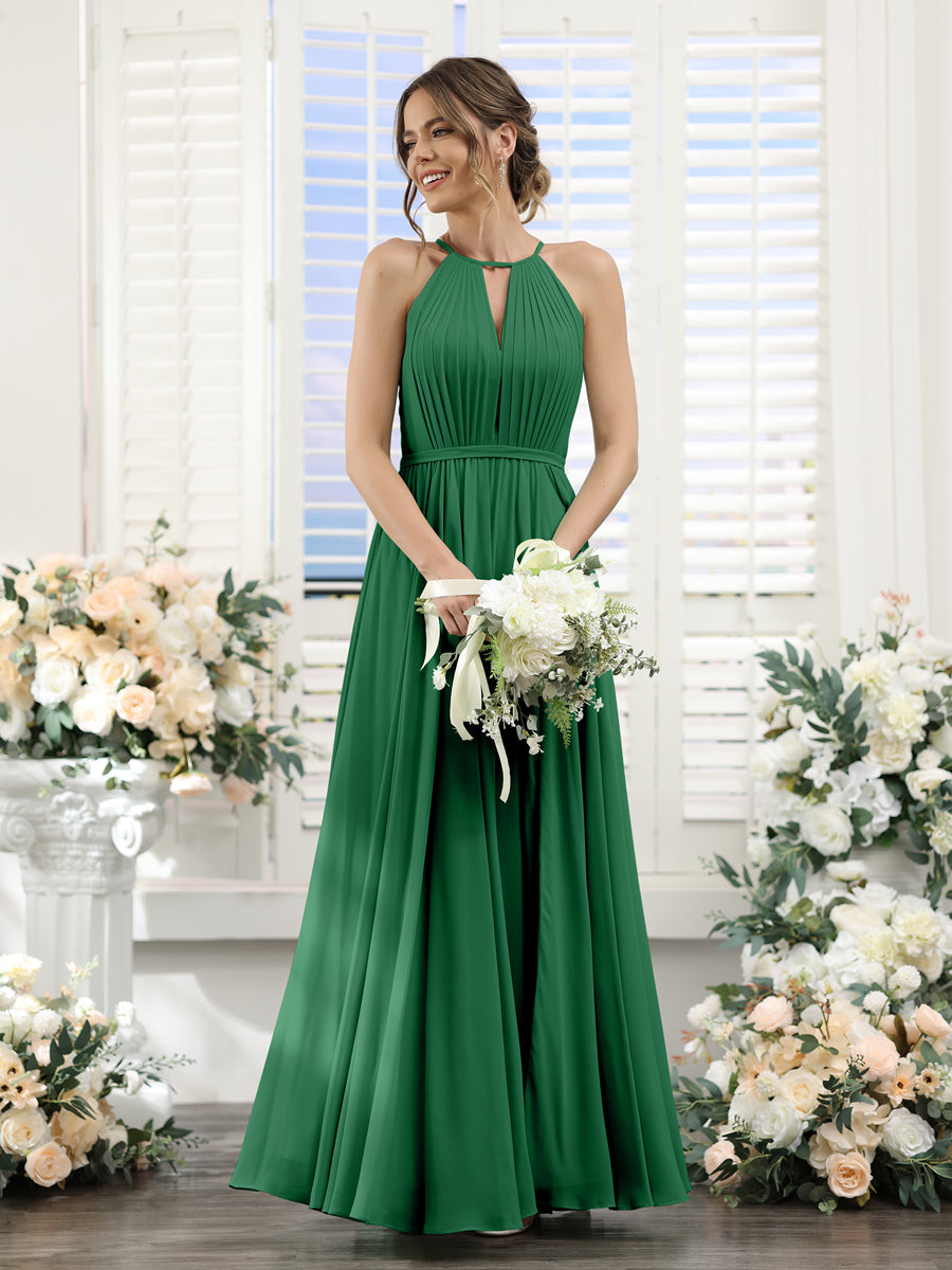 A-Line Halter Sleeveless Split Side Ruched Floor-Length Chiffon Bridesmaid Dresses Emerald