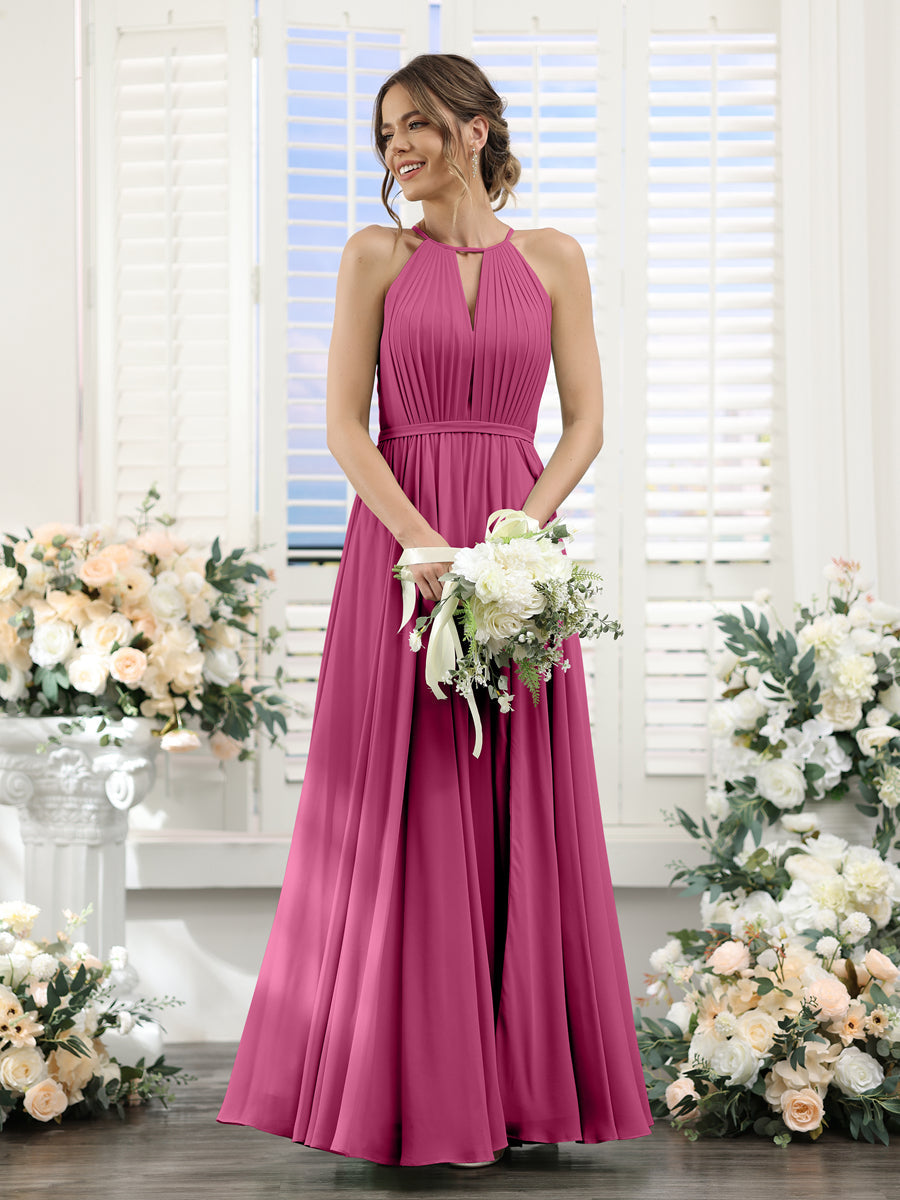 A-Line Halter Sleeveless Split Side Ruched Floor-Length Chiffon Bridesmaid Dresses Fuchsia