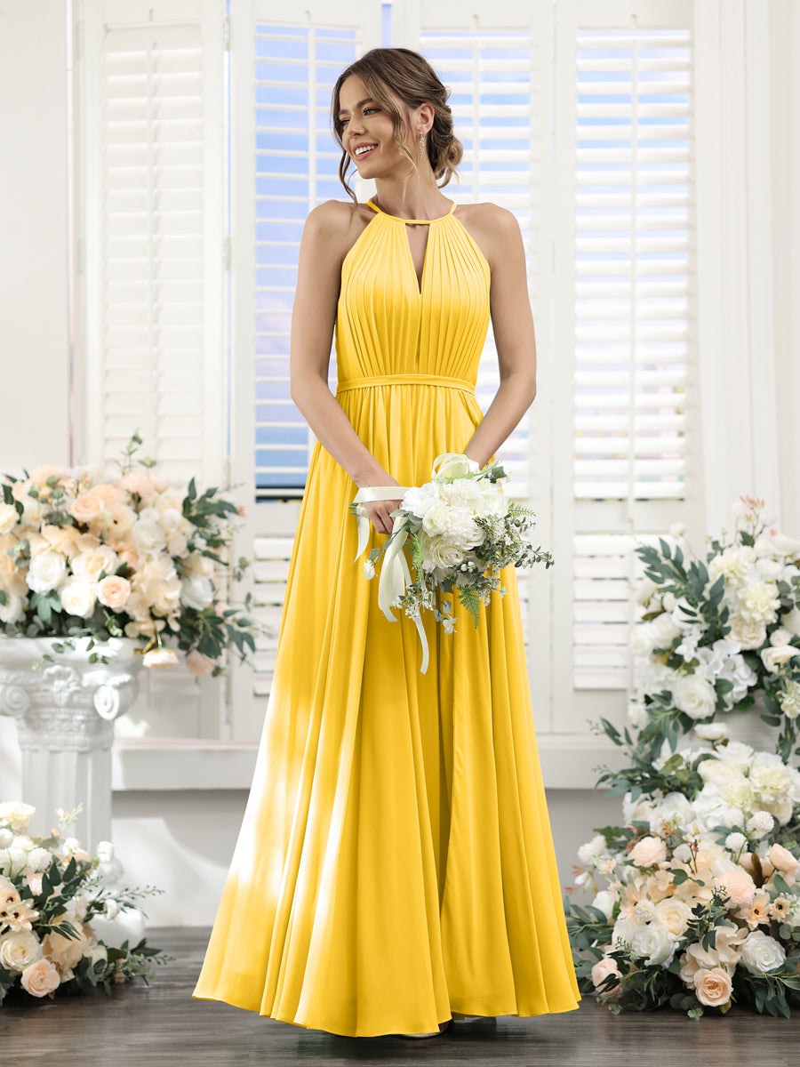 A-Line Halter Sleeveless Split Side Ruched Floor-Length Chiffon Bridesmaid Dresses Gold