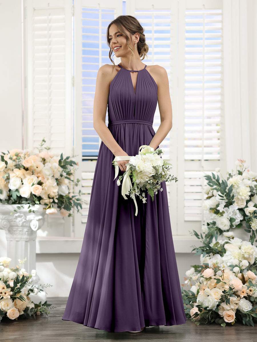 A-Line Halter Sleeveless Split Side Ruched Floor-Length Chiffon Bridesmaid Dresses Grape