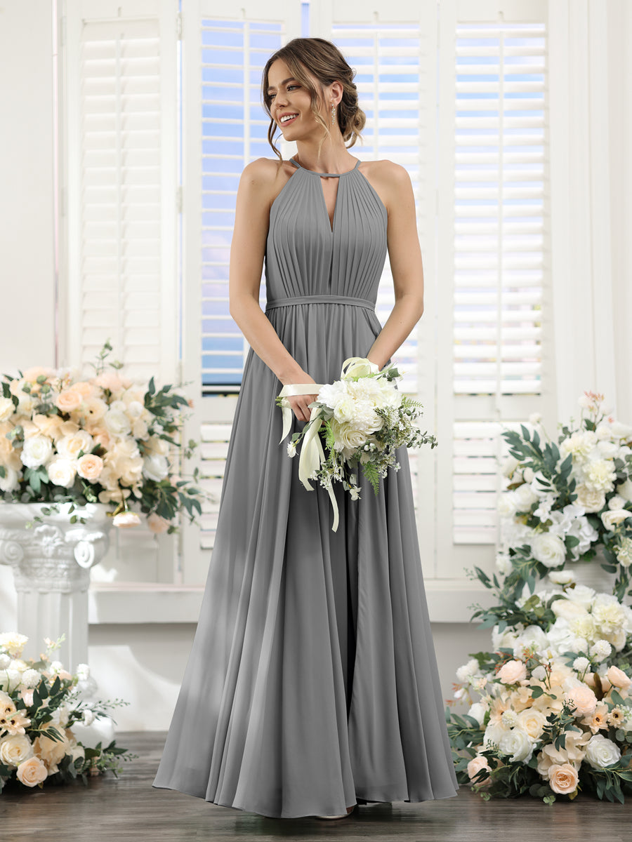 A-Line Halter Sleeveless Split Side Ruched Floor-Length Chiffon Bridesmaid Dresses Gray