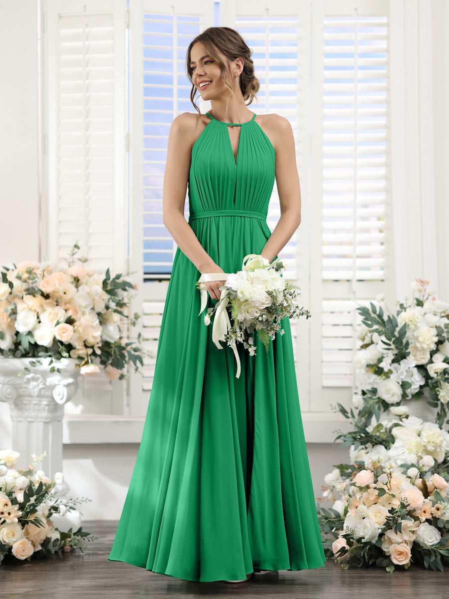 A-Line Halter Sleeveless Split Side Ruched Floor-Length Chiffon Bridesmaid Dresses Green