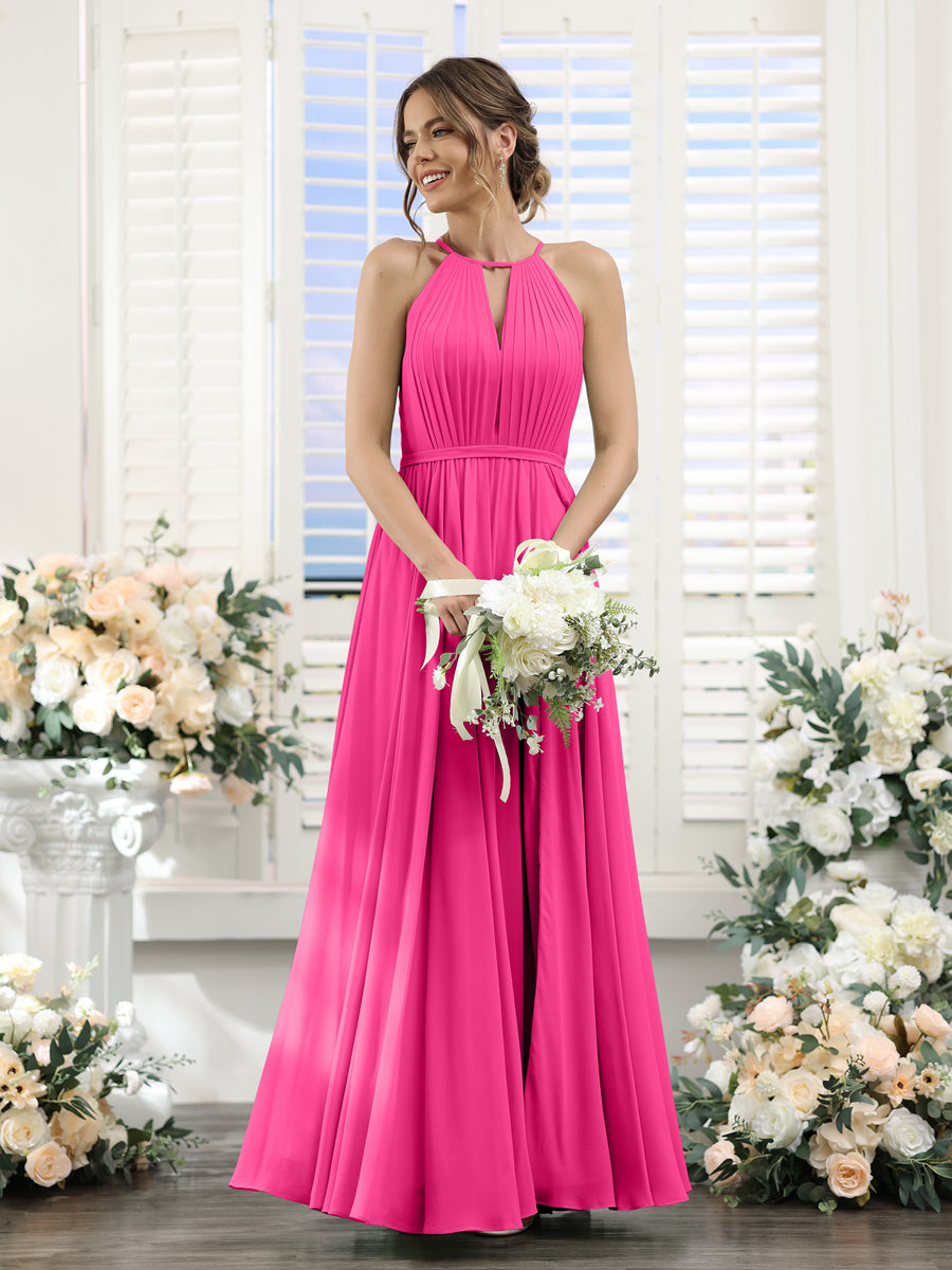 A-Line Halter Sleeveless Split Side Ruched Floor-Length Chiffon Bridesmaid Dresses Hot Pink